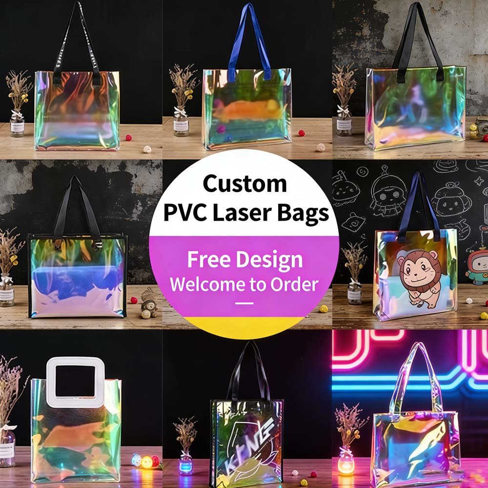 Transparent laser pvc handbag, fashionable shopping bag, colorful shopping plastic packaging bag, gift zipper bag