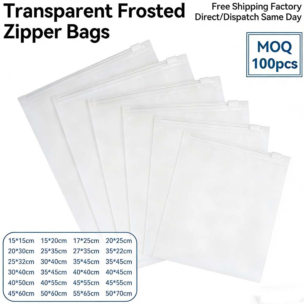 Transparent frosted clothing zipper bags in stock, wholesale with free shipping, self-sealing bags for clothes and underwear storage, plastic packaging bags