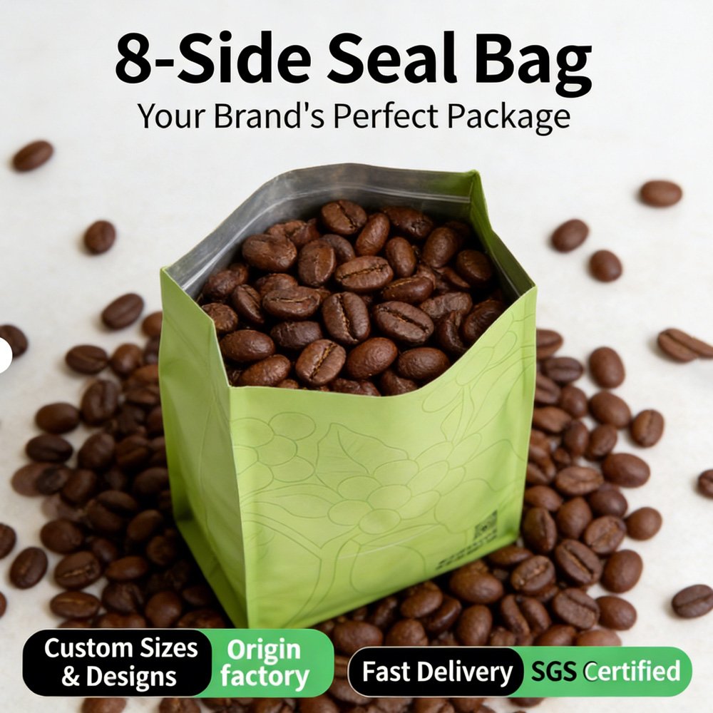 Stand-up Self-sealing Eight-side Sealed Coffee Bag with Moisture-proof Valve, Aluminum Foil Laminated, UV Digital Customization